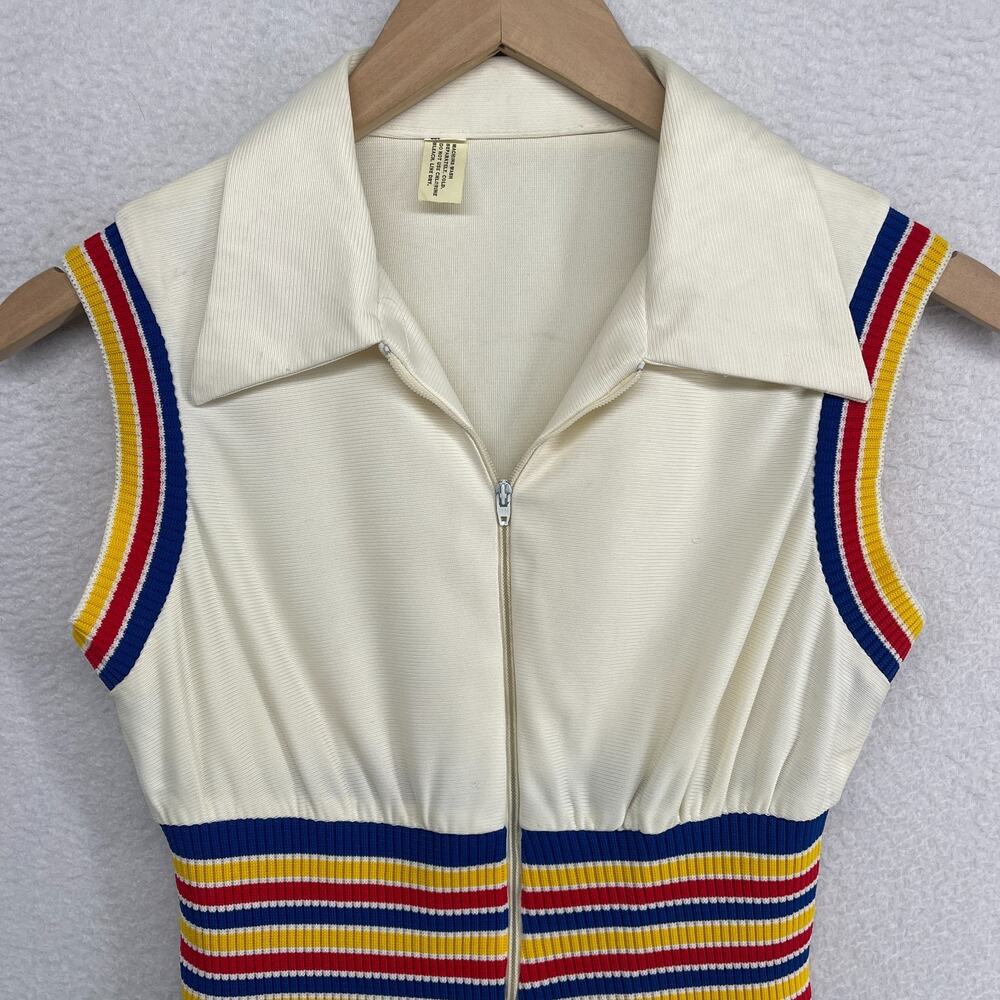 VINTAGE TENNIS DRESS S Style Fit and Flare Sleeveless Rib Striped Zip Up Ivory - Picture 4 of 10